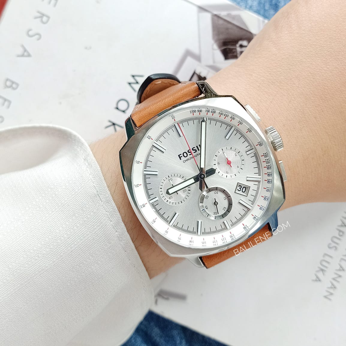 Fossil Ch2985 Haywood Chronograph Dial Silver Tan Leather Watch - Image 3