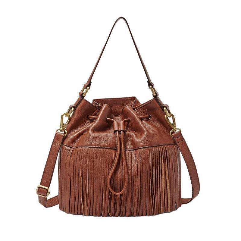 Fossil ZB6791200 Jules Large Fringe Drawstring Satchel Bag Brown - Image 4